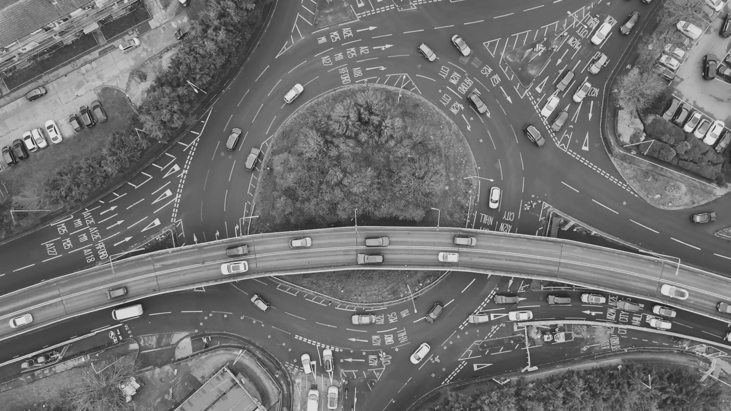 Aerial drone view of a complex roundabout on the A12 corridor